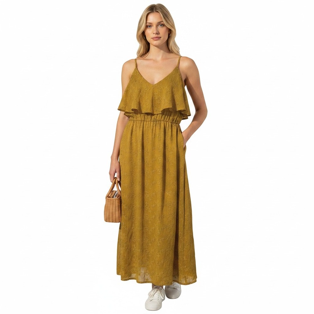 Spirit of Grace Midi Dress Womens Small Mustard Yellow Embroidered Ruffle Boho